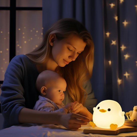 maman avec bebe veilleuse bebe poussin jaune