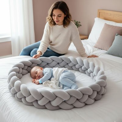 Tresse-de-lit-grise-autour-bebe-maman-assise-lit