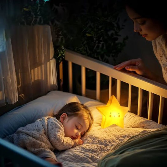 maman regarde enfant endormit veilleuse bebe forme étoile
