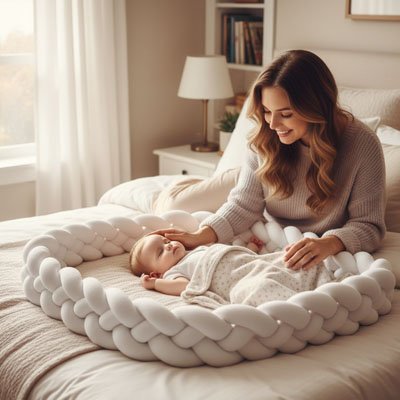 Tresse-de-lit-blanche-autour-bebe-maman-lit