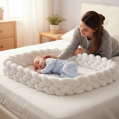 Tresse-de-lit-blanche-autour-bebe-maman
