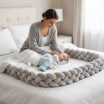 Tresse-de-lit-grise-autour-bebe-maman-lit